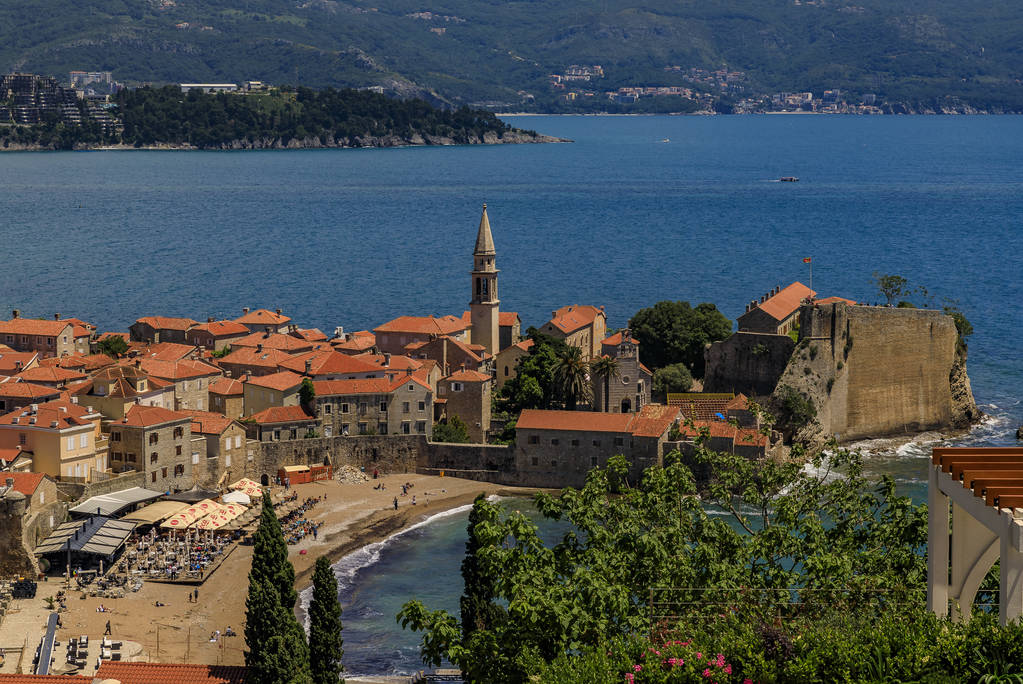 stock photo aerial view of budva old town with the citadel and the adriatic sea in montenegro